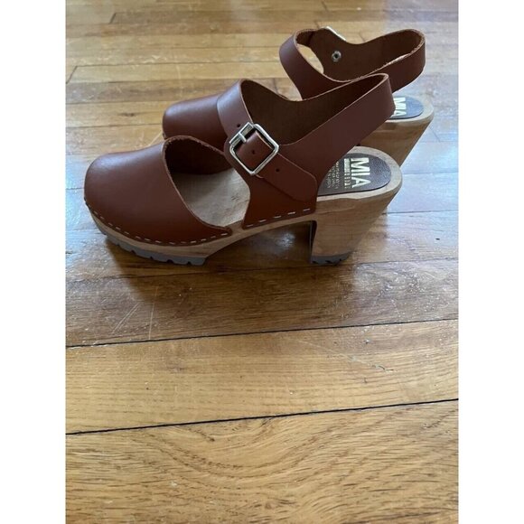 MIA Abba Summer Wooden Clog Sandals Sweden Size 38 Luggage Brown Leather - Picture 7 of 15